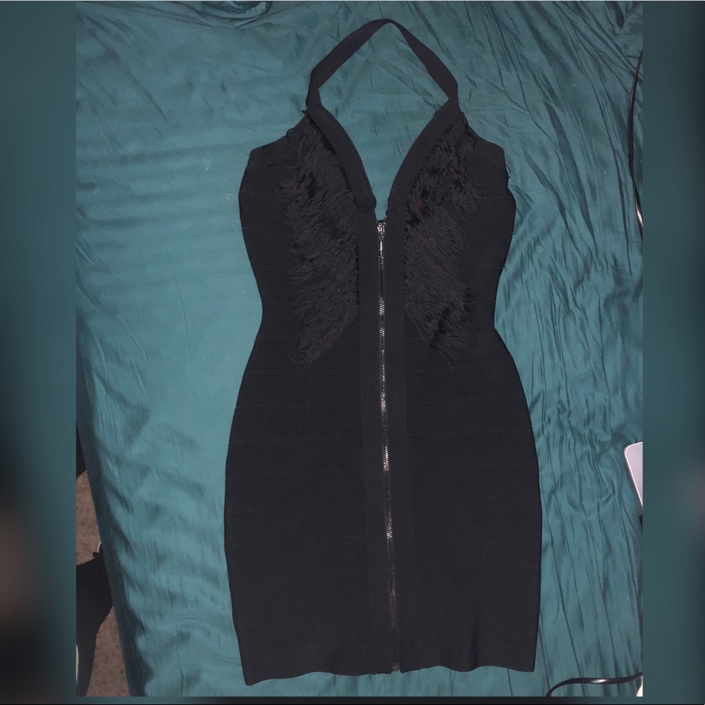 Bebe black halter bodycon dress w/ fringe LIKE NEW